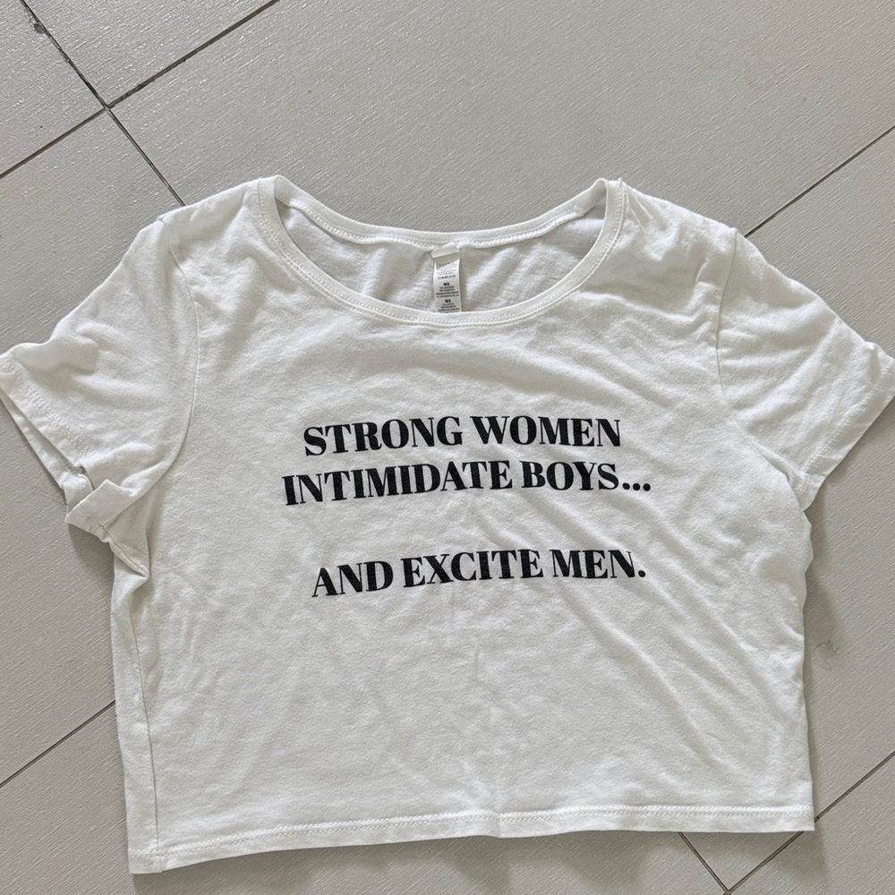 White Crop Shirt with Black Text